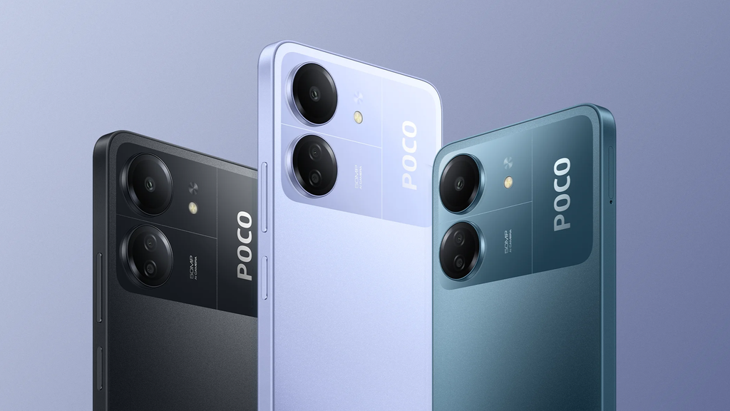 Com design que embarca alguns elementos de celulares mais caros da Xiaomi, o POCO C65 chega nas cores preto, lavanda e azul (Imagem: Reprodução/POCO)