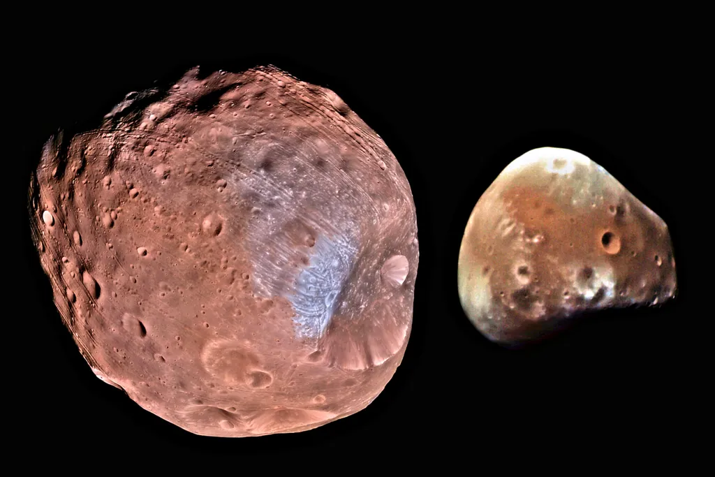 À esquerda, a lua Fobos e, à direita, Deimos com (Imagem: Reprodução/Domínio Público)