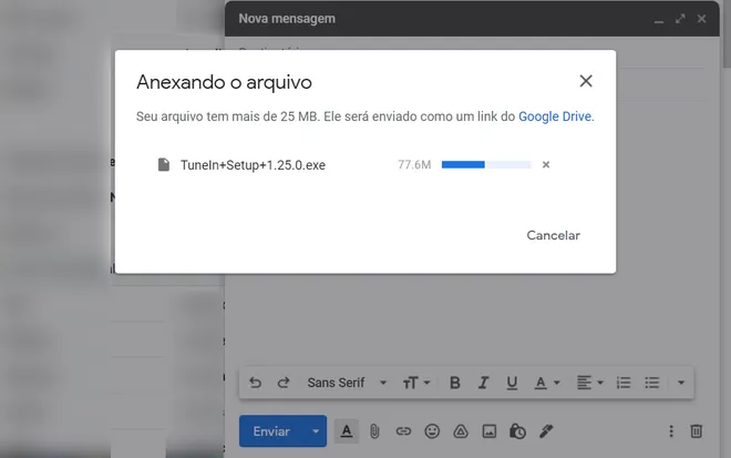 Gmail cria links do Google Drive para arquivos que excedem o limite de 25 MB (Captura de tela: André Magalhães)
