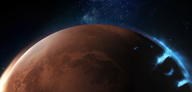 Representação de aurora em Marte (Imagem: Reprodução/Emirates Mars Mission)