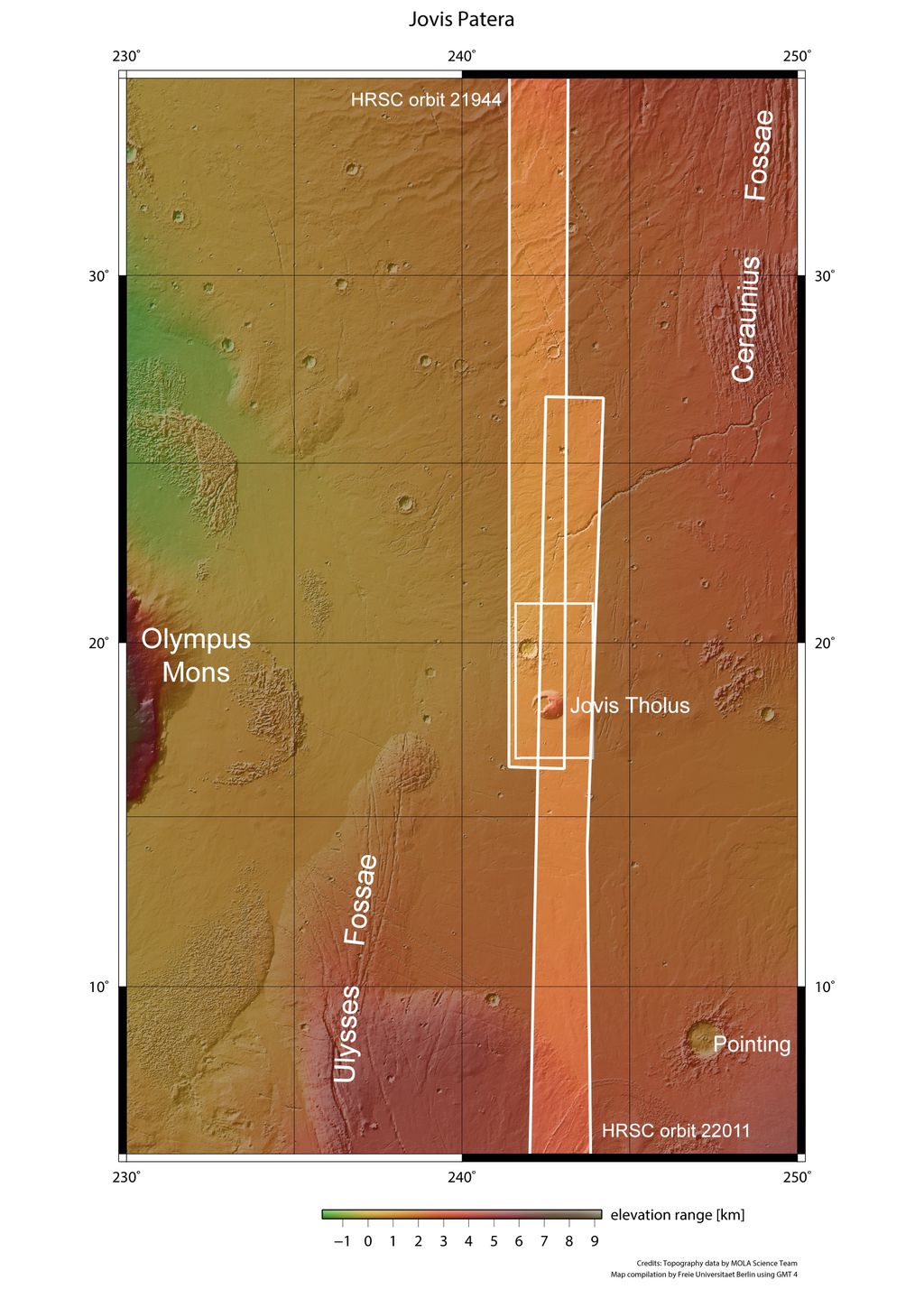 A imagem mais ampla é o resultado de dois registros feitos em 13 de maio e 2 de junho de 2021 pela Mars Express (Imagem: Reprodução/NASA/MGS/MOLA Science Team)