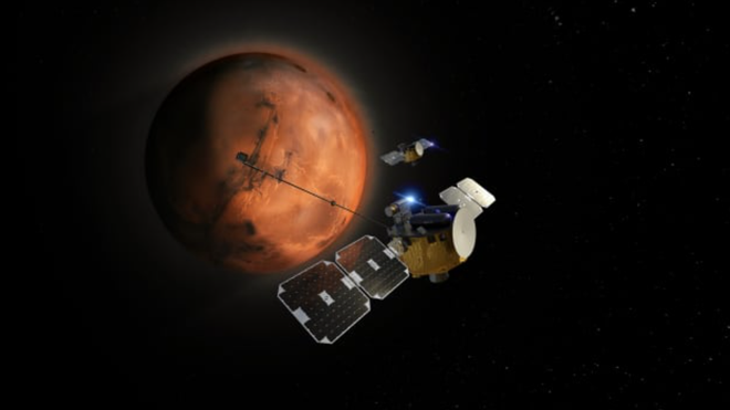 Concepção artísticas das duas espaçonaves da missão ESCAPADE na órbita marciana (Imagem: Reprodução/Rocket Lab)