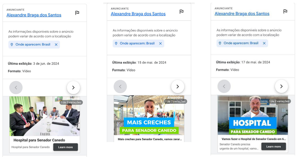 Exemplos de anúncios políticos veiculados pelo Google após maio de 2024, segundo nota do NetLab (Imagem: Reprodução/NetLab)