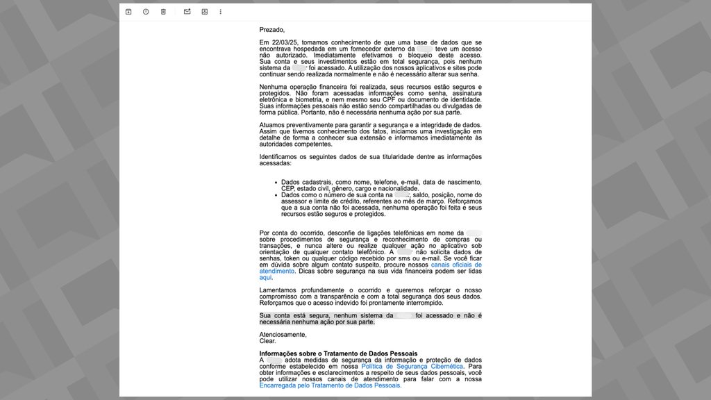 Exemplo de notificação de exposição de dados enviado por e-mail aos clientes atingidos pela brecha (Imagem: Captura de tela/Bruno De Blasi/Canaltech)