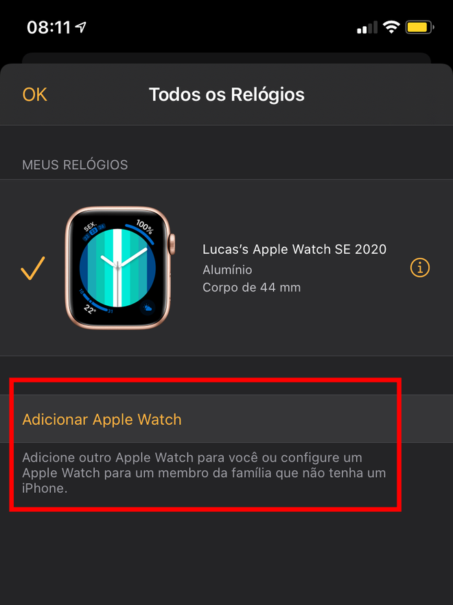 Clique para adicionar um novo Apple Watch. Captura de tela: Lucas Wetten (Canaltech)