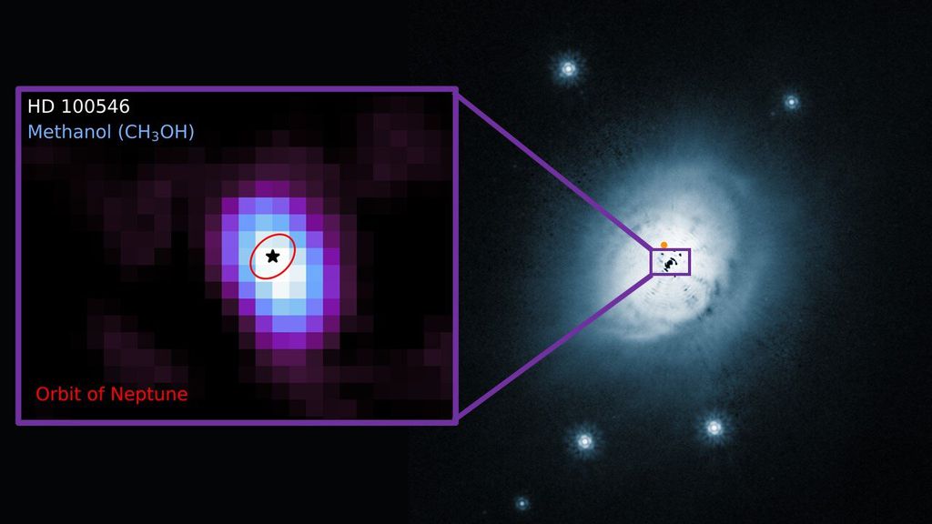 Detalhe da reserva de metanol na esquerda e imagem composta da estrela à direita (Imagem: Reprodução/ALMA/Booth et al. & ESO/NASA/ESA/Ardila et al)