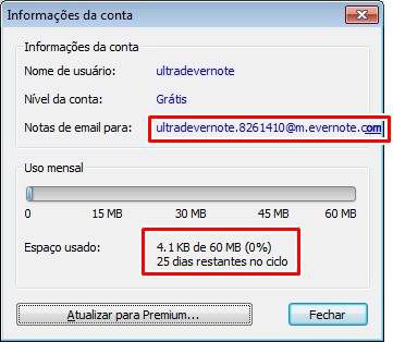 E-mail pessoal do Evernote e cota de uso E-mail pessoal do Evernote e cota de uso