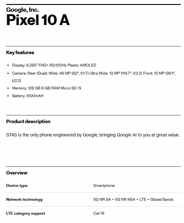 especificações vazadas google pixel 10a