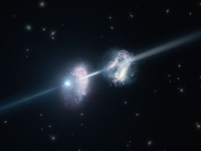 Ilustração de uma explosão de raios gama atravessando duas galáxias no início do universo (Imagem: Reprodução/ESO/L. Calçada)