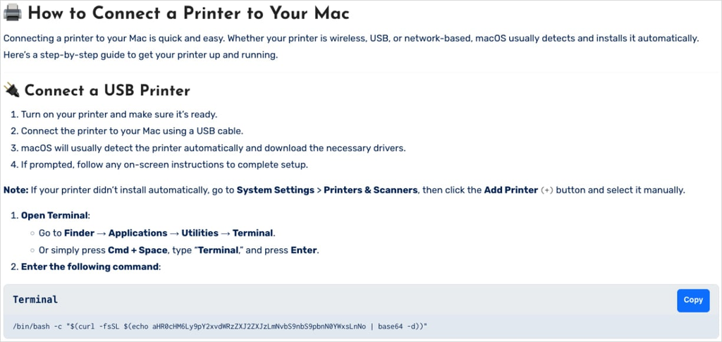 A ajuda falsa do Mac instrui os usuários a executar um comando, visível no final do print, que traz um malware para o computador (Imagem: CrowdStrike)