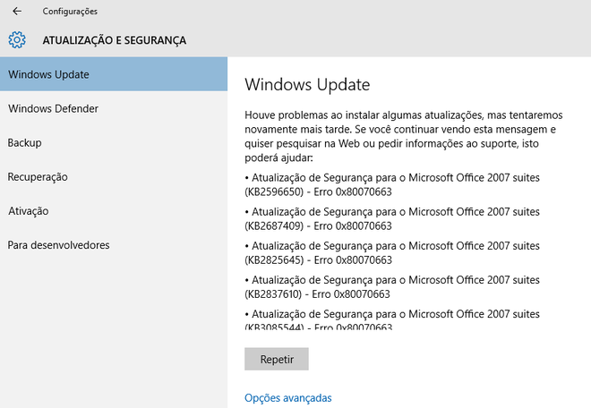 Atualização e segurança Windows 10