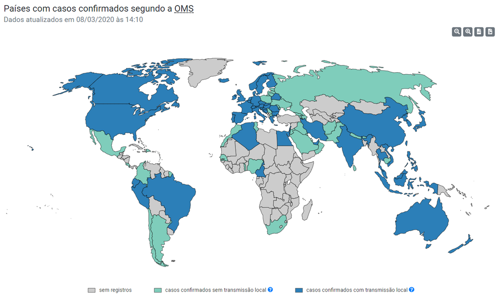 Casos do novo coronavírus aumentam na América do Sul e chegam ao total de 65 (Mapa: Reprodução/ Ministério da Saúde)