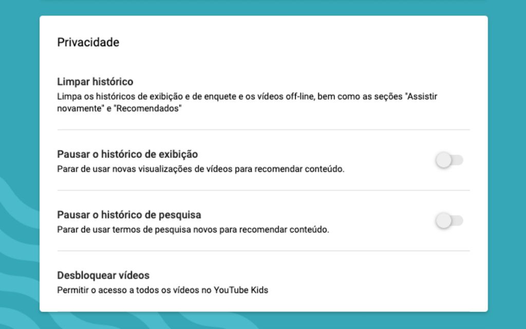 Tela das configurações de histórico no YouTube Kids (Captura de tela: Caio Carvalho)