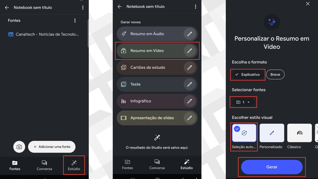 Passos para criar resumos em vídeo no NotebookLM