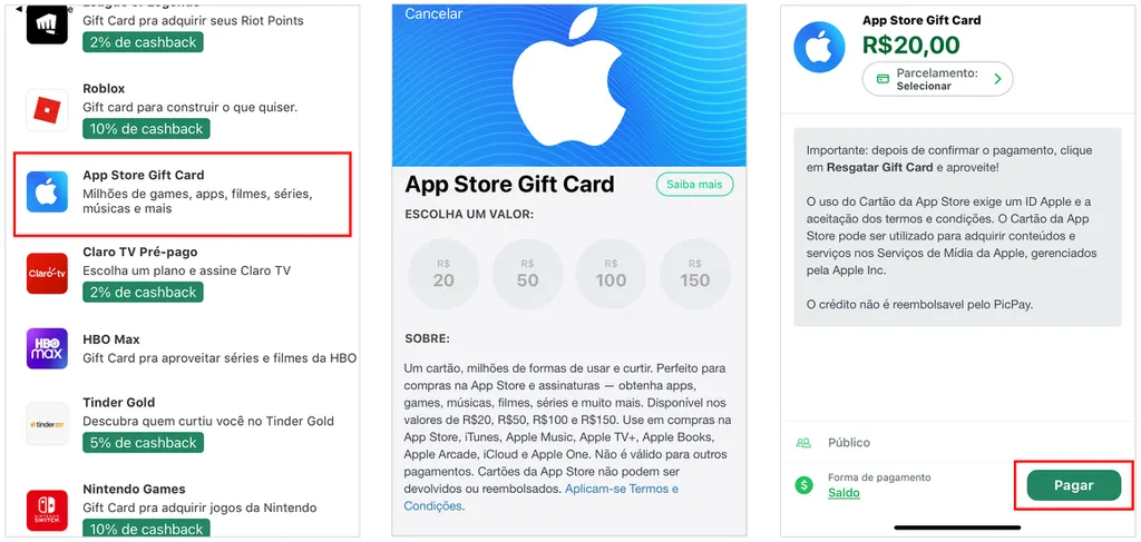 Saiba como comprar gift card da Apple no PicPay (Captura de tela: André Magalhães)