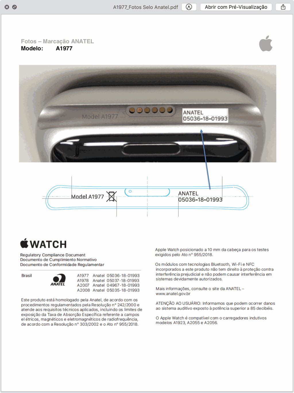 Documento de Conformidade Regulamentar do Apple Watch Series 4 (GPS) de 40mm (Imagem: Anatel)