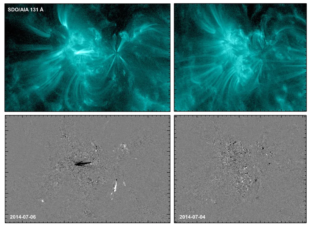 Na solar ativa NOAA AR 2109, há a luz ultraivoleta produzida pelo gás quente (imagens na parte superior), no dia antes da explosão (esquerda) e no dia anterior, sem atividade (direita) (Imagem: Reprodução/NASA/SDO/AIA/Dissauer et al. 2022)