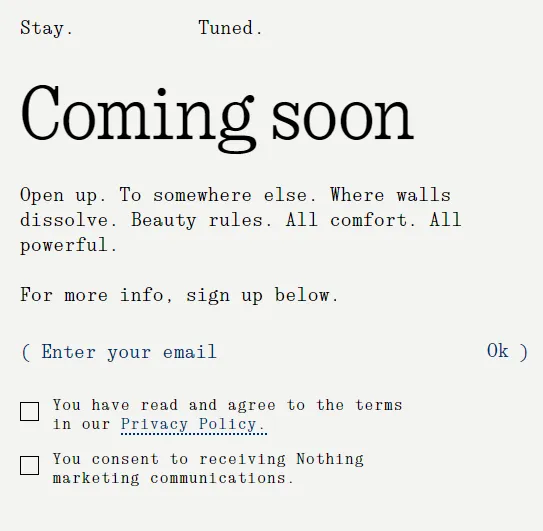 Site da Nothing faz referência a algum produto que "chegará em breve" (Imagem: Captura de tela/Nothing)