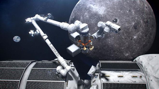 Concepção artística do braço robótico Canadarm3, acoplado à futura base orbital Gateway (Imagem: Reprodução/Canadian Space Agency/NASA)