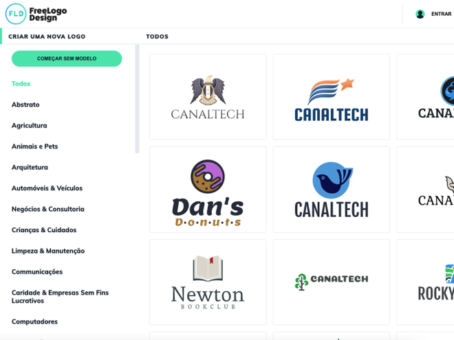 O FreeLogoDesign tem uma interface simples e fácil de navegar, com muitas sugestões de logos prontos (Captura de tela: Caio Carvalho/Canaltech)