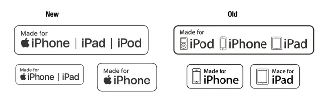 As diferentes versões do selo "Made For iPhone" que são encontrados nas caixas dos produtos (Imagem: Reprodução/9to5Mac)