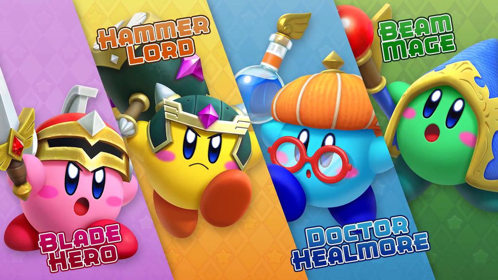 blade hero, hammer lord, doctor healmore e beam mage, as quatro possibilidades de escolha no Super Kirby Clash (Foto: Nintendo)