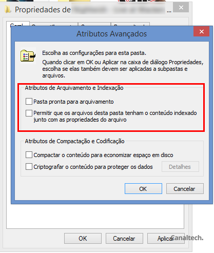 Desmarcar as duas opções de indexação fará com que o arquivo não seja listado nem na busca do Windows (Imagem: Captura de tela / Sergio Oliveira)