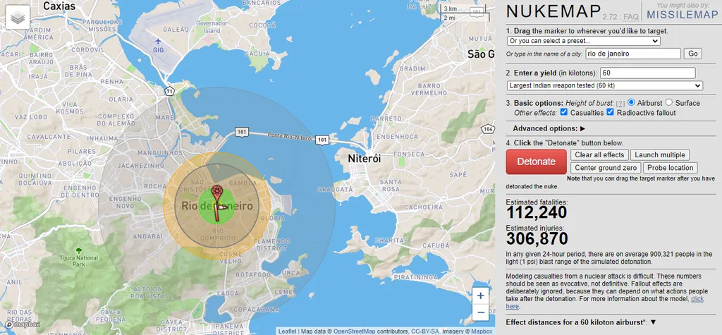 A plataforma também detalhe os possíveis efeitos da explosão de acordo com a bomba selecionada (Imagem: Captura de Tela/Nukemap)