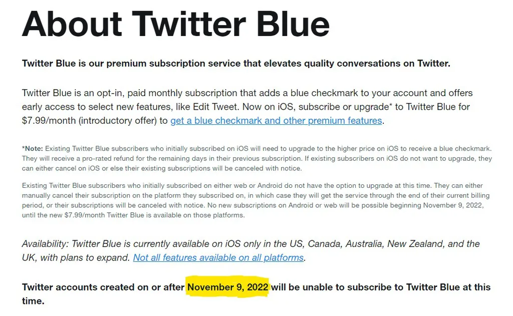 O comunicado na página de ajuda do Twitter Blue mostra que novas contas não podem assinar o serviço (Imagem: Reprodução/Twitter)