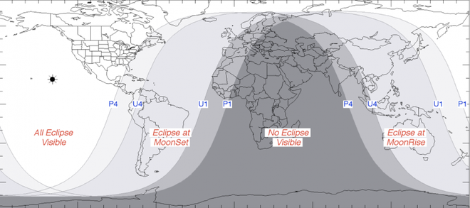As regiões em cinza claro no mapa são onde o eclipse será visível do início ao fim. As áreas em cinza intermediário são onde o eclipse poderá ser visto no nascer ou no "pôr" da Lua. Já as regiões em cinza escuro não verão o eclipse (Imagem: Reprodução/Fred Espenak/EarthSky)