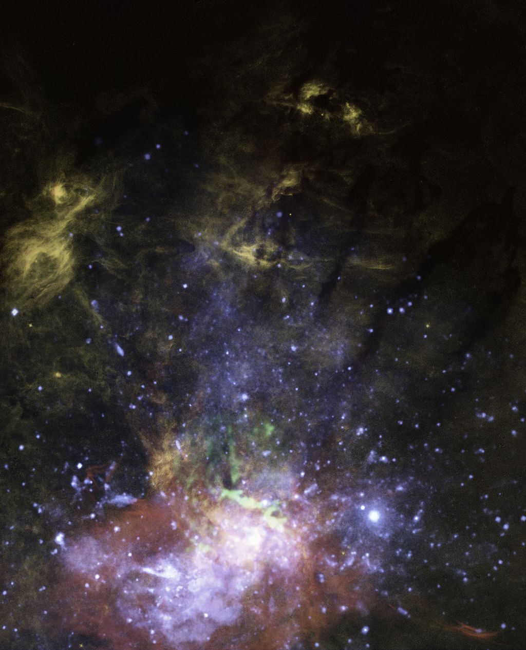 O buraco negro supermassivo Sgr A*, no ponto mais brilhante da formação cor-de-rosa, emite pequenos jatos que empurram as nuvens de gás (Imagem: Reprodução/NASA/ESA/Gerald Cecil/Joseph DePasquale)