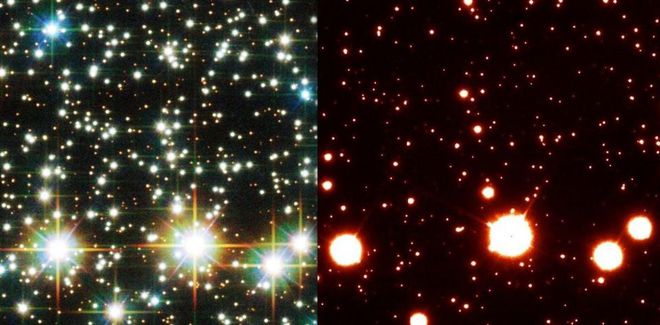 O aglomerado globular NGC 288 fotografado por dois telescópios diferentes. À esquerda, pelo Hubble em vários comprimentos de onda de luz. À direita, pelo Gemini, do solo, visualizando um único canal. Com a aplicação da óptica adaptativa, o Gemini mostra estrelas adicionais com melhor resolução do que o Hubble (Fotos: NASA/ESA, Gemini Observatory)
