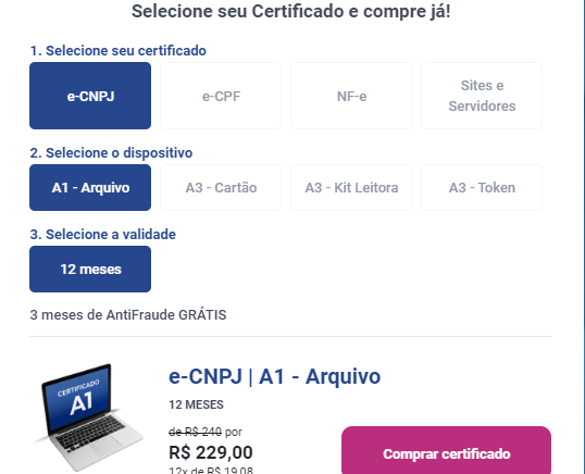 O Certificado Digital para Imposto de Renda está disponível em diversos formatos diferentes no site do Serasa (Captura de tela: Ariane Velasco)