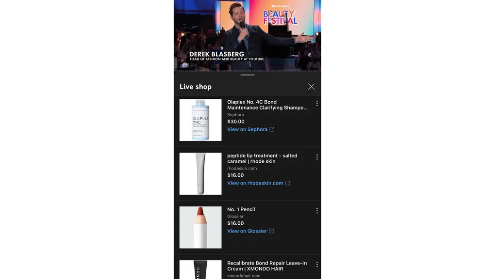 Durante lives, o usuário poderá se deparar com sugestões de produtos para comprar (Imagem: Reprodução/YouTube)