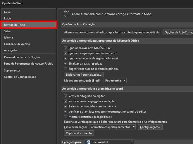 Na pop-up aberta em seguida, clique em "Revisão de Texto" no menu lateral (Captura de tela: Matheus Bigogno)