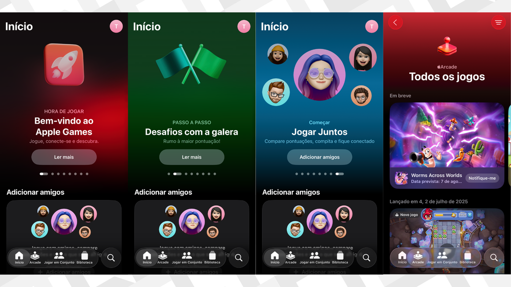 Telas do app Jogos do iPhone (iOS 26)