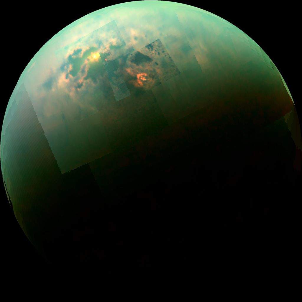 Imagem em infravermelho mostra o Sol brilhando nos lagos polares de Titã (Foto: NASA)
