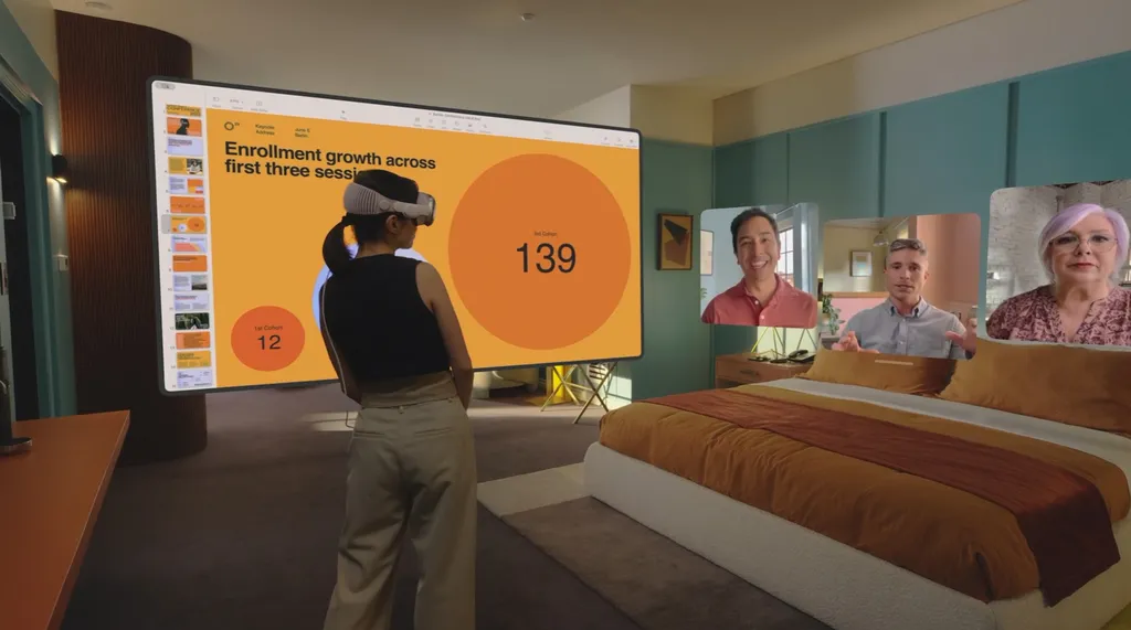 Apple demonstra uso do Reality Pro para trabalho com janelas flutuantes no ambiente físico exibindo pessoas reais (Imagem: Reprodução/Apple)
