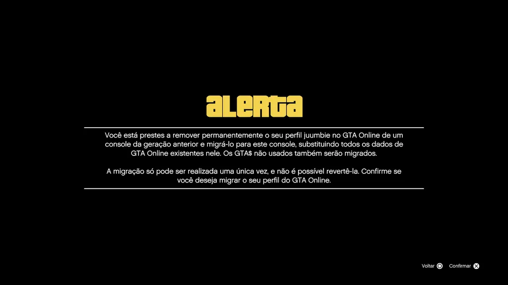 Note que o seu personagem de GTA Online será removido do app ou console de geração anterior após a migração para PS5 ou Xbox Series. (Imagem: Captura de Tela/Bruna Penilhas/Canaltech)