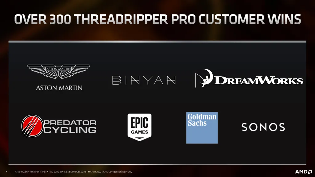 Gigantes como Aston Martin, DreamWorks, Epic Games, Sonos e outras já utilizam processadores AMD Threadripper, com novas parceiras esperadas para 2022 (Imagem: AMD)