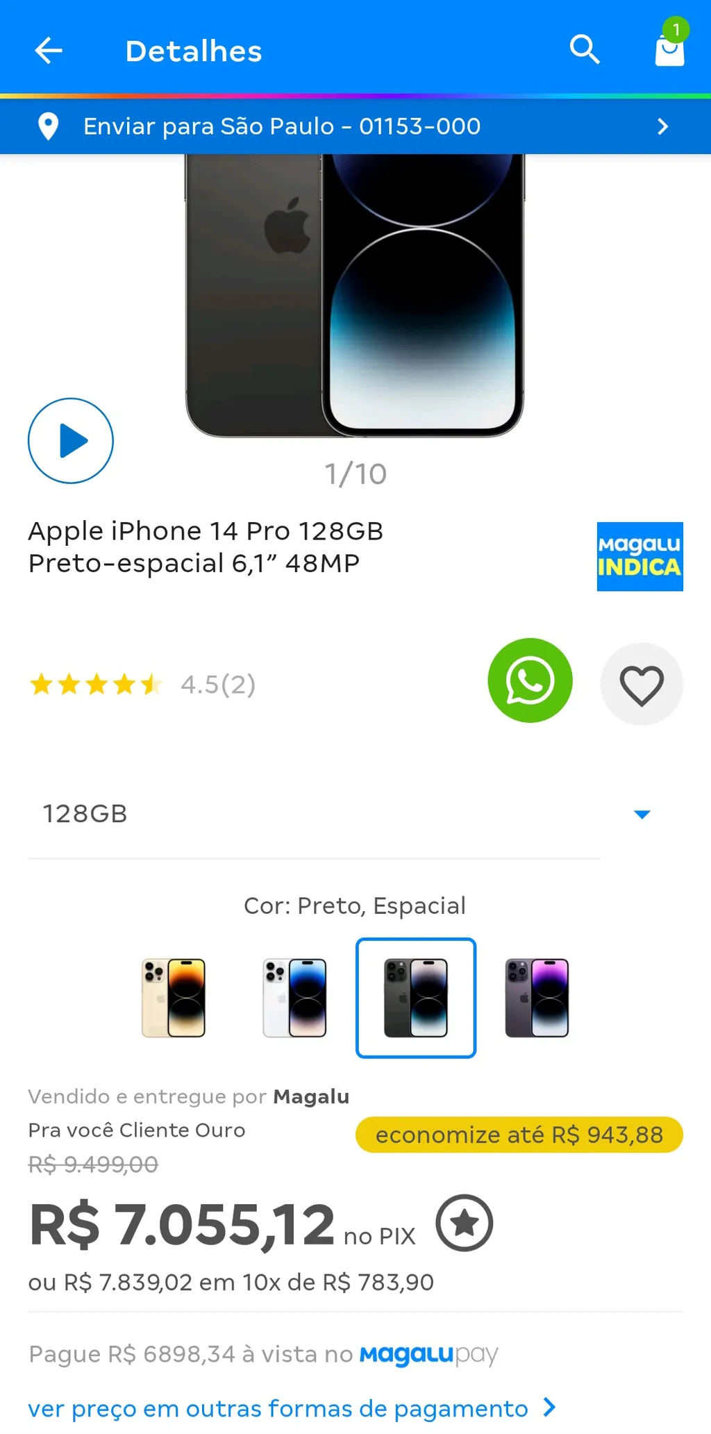 Apple iPhone 14 Pro 128gb Preto - 1 Chip