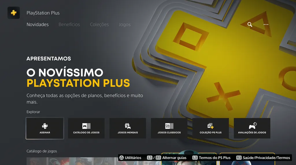 Uma aba própria do PS Plus deve aparecer na tela inicial do PS5 (Captura de tela: Felipe Goldenboy/Canaltech)