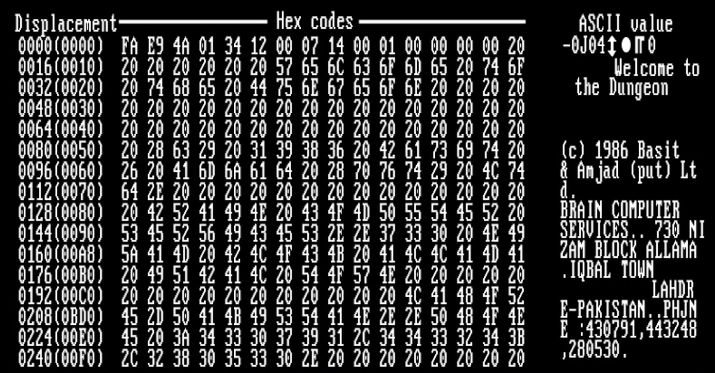 Código do primeiro vírus do mundo, o Brain — ele rodava em computadores com processador de 8 MHz e 640 kb de RAM (Imagem: Avinash Meetoo/CC-BY-2.5)