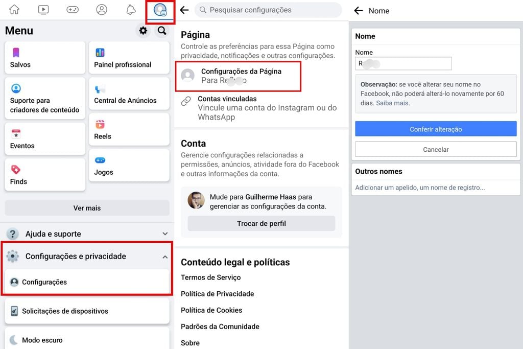 É preciso entrar no perfil da página para solicitar a alteração de nome ao Facebook (Imagem: Captura de tela/Guilherme Haas/Canaltech)