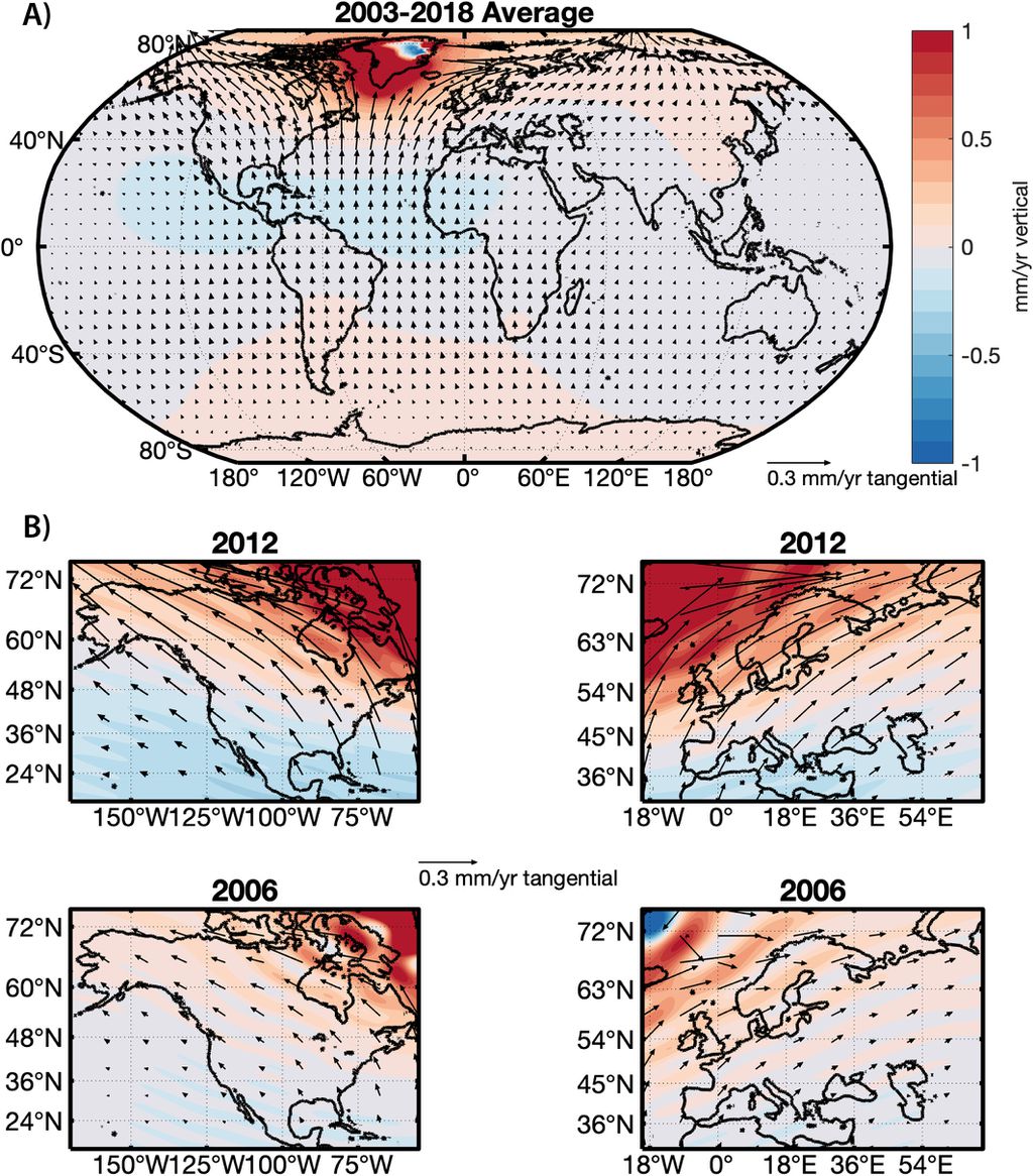 Em "a", as médias de deformação previstas na crosta terrestre na Groenlândia. Em "b", na América do Norte e Europa (Imagem: Reprodução/Sophie Coulson et al.)