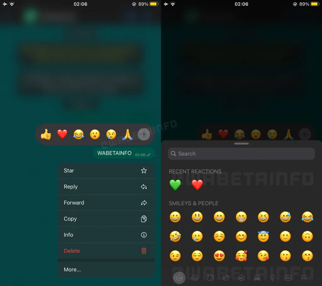O WhatsApp começou a implementar as reações com qualquer emoji no iPhone (Imagem: Reprodução/WABetaInfo)