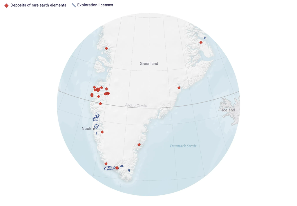 Mapa da Groenlândia mostrando a localização de reservas de Terra Rara e licenças de exploração