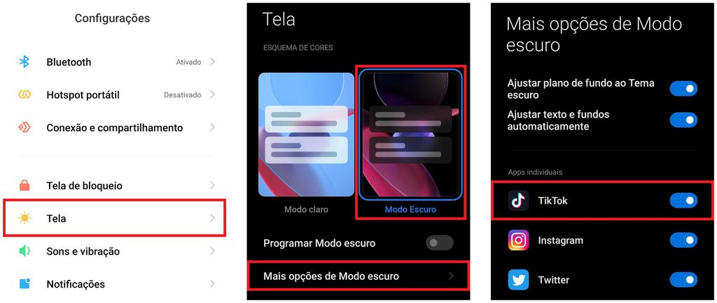 Como deixar o TikTok no modo escuro no Android: aparelhos da Xiaomi podem ajustar apps para o tema escuro (Captura de tela: Caio Carvalho/Canaltech)