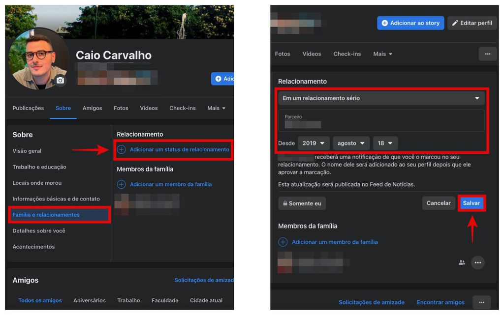 Como colocar relacionamento sério no Facebook: altere o status no seu perfil da rede social (Captura de tela: Caio Carvalho)