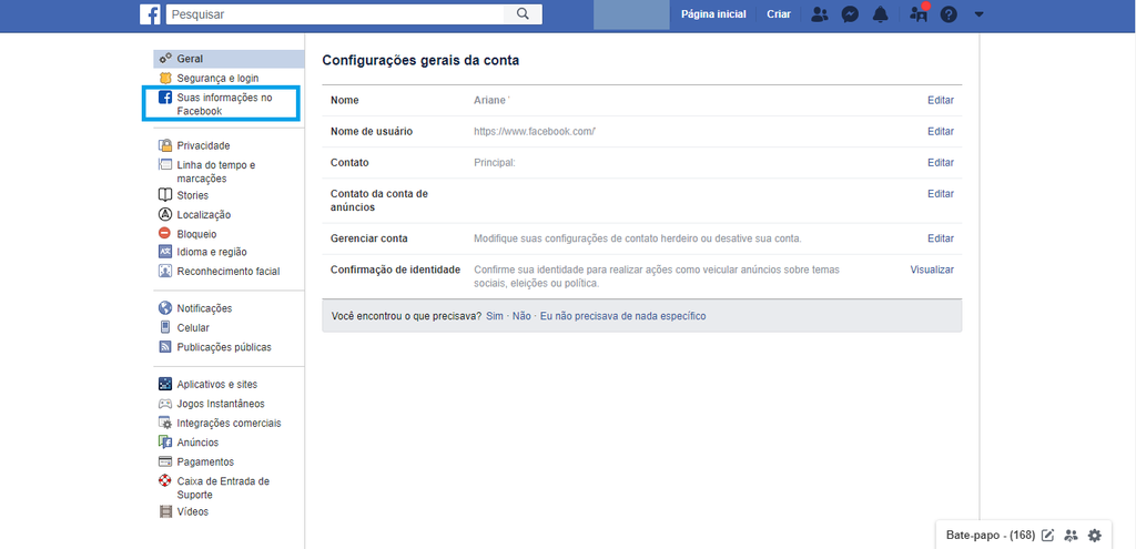 Veja como o Facebook permite que você acesse suas informações confidenciais / Captura de tela: Ariane Velasco